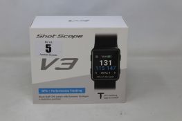 A boxed as new Shot Scope V3 Black Golf GPS + Performance tracking watch with 16 tracking tags