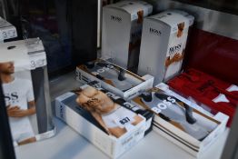 Four men's as new Hugo Boss triple pack regular fit T-shirts (S, M, 2 x XL), two original tank