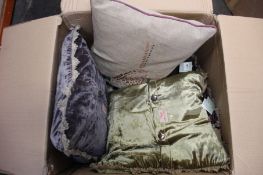 Five Susie Watson Designs Cushions: Four Velvet (2 olive, 2 purple/grey) and one Embroidered