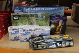 Seven assorted boxed as new scale model kits to include a Trumpeter C-47A Skytrain, a Trumpeter Tu-