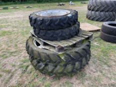 Set 9.5R28 front and 9.5R44 rear row crop wheels and tyres, 8 stud