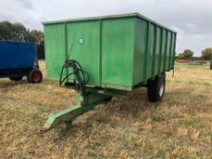 1980 Brian Legg 8t single axle grain trailer with manual tailgate and grain chute on 385/65R22.5 whe