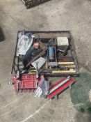 Qty of Woodworking tools, chisels, Antique planer, wire brush, square, footpump etc.