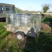2 Wheel galvanised iron trailer complete with IBC container and submersible pump,