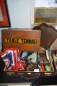Small Vintage Case Containing Collectible Items; Table Tennis Set, Union Jack Flags, etc.