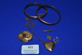 Rolled Gold Bangles, Locket, and Brooch, etc.