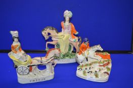 Three Victorian Flatback Equestrian Figures; Prince, Princess, and a Fox Hunting Scene