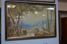 Watercolour Continental Lakeside Scene