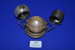 Hallmarked Sterling Silver Tea Strainer and Stand, plus Two Napkin Rings ~114g total