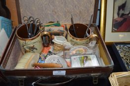 Small Vintage Case Containing Collectible Items; Beer Mats, Money Bank, Hunting Tankards, etc.