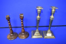 Pair of Victorian Brass Candlesticks and a pair of Turned Oak Candlesticks