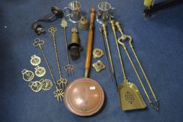 Brass Fireside Companion Set plus Toasting Forks, Tankards, Horse Brasses, etc.