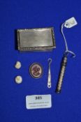 Hallmarked Sterling Silver Snuff Box, Pencil Case, Miniature Button Hook, etc.