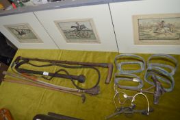 Riding Crops, Bull Whip, Stirrup Irons, Book Hooks and a Pair of Spurs