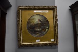 Gilt Framed Terracotta Dish Hand Painted with Robin's Nest circa 1910