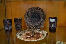 Two Sowerby Glass Plates and Three Beakers