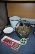 Brass Jam Pan, Enamel Bucket, Scales, Mincers, etc.