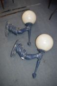 Pair of Aluminium Reproduction Wall Mounted Light Fittings in the Form of an Arm Holding a Torch