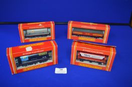 Hornby OO Gauge R111 Tank Wagon, R019 Hopper, R032 Shell Tank Wagon, and R035 Open Wagon