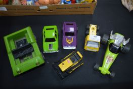 Six Tonka Vehicles; Beach Buggy, Drag Car, Bulldozers, etc.