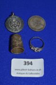 Hallmarked Sterling Silver Thimble, Ring, Medallion, and a 1895 South African 1 Shilling Coin