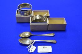 Pair of Boxed Hallmarked Sterling Silver Napkin Rings plus Two Teaspoons