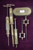 Large Brass Trammel Heads, Grease Guns and a Brass & Oak Drill Bit Stand