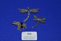 Two 925 Sterling Silver & Marcasite Dragonfly Brooches, and an Elephant