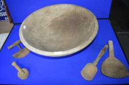Large Turned Wooden Bowl plus Utensils Including Butter Roller etc.