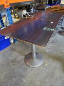 * 6 x square tables with brushed ss pedestal bases dark wooden tops and 1 x round coffee table