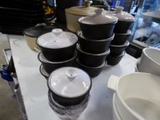 * 14 x stoneware pots with lids. 11 x medium, 3 x small