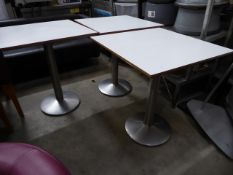 * 3 x good quality square tables with S/S pedestal base and white tops 650w x 650d