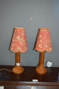 Pair of Wooden Table Lamps with Red Shades