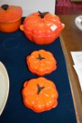 Three Le Creuset Enameled Pumpkin Lidded Casserole