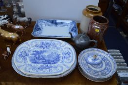 Victorian Blue & White Turkey Plates, plus Crocks,