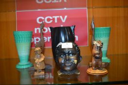 Pair of Green Shelly 1930's Vases plus Carved Wood