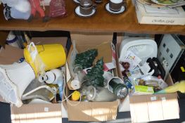 Three Boxes of Household Goods; Kitchenware, Lamps