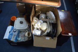 Two Large Boxes of Kitchenware and a Newspaper Rac