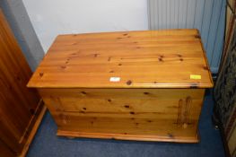 Pine Blanket Box and Contents of Bedding, Sheets,