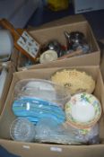 Two Boxes of Bowls, Plates, Picnicware, Teapots, e