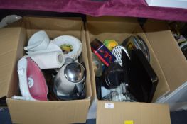Two Boxes of Kitchenware; Kettles, Irons, etc.