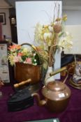 Copper Coal Scuttle, Kettle, Plus Iron, Vase, and