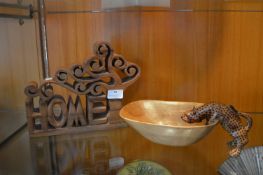 Wooden Home Sign and a Bowl with a Leopard