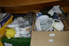 Two Boxes of Pottery; Teapots, and Kitchenware, et