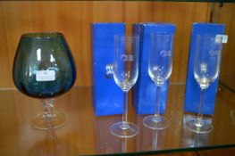 Large Blue Brandy Balloon and Three Champagne Flut