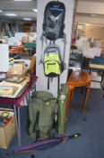 Three Backpacks, Camp Chair, and an Umbrella