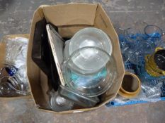 Three Boxes of Glassware, Baking Trays, China, etc