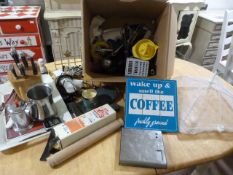 Mixed Box Including Kitchen Utensils, Scales, Fire