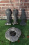 Three Stone Garden Pillars and a Concrete Birdbath
