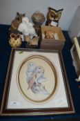 Owl Ornaments and a Framed 3D Owl Picture